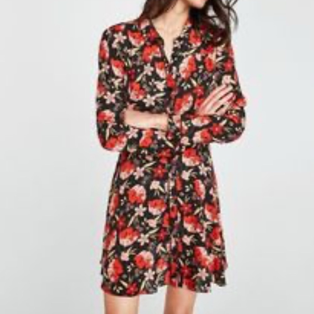 Zara Shirt Dress Long Sleeves Lightweight Floral Print Short Viscose Small